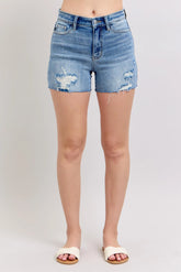 Judy Blue Full Size High Waist Denim Shorts W/stitch Over Destroy Detail Plus Size OutfitFlow